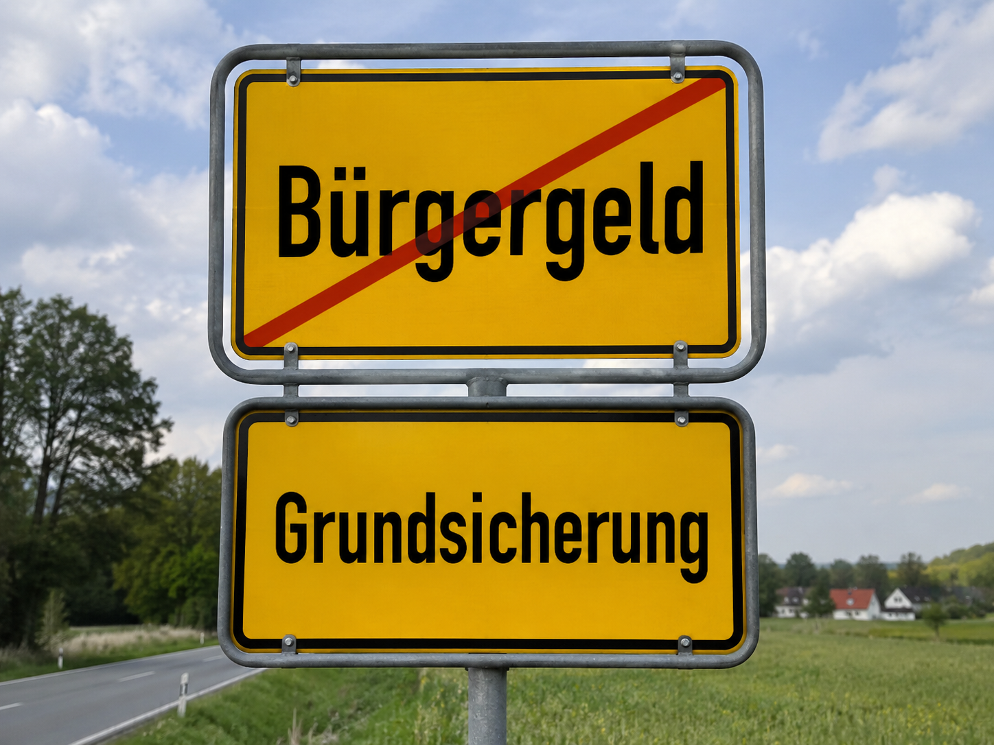 ein Ortsschild mit Schriftzug Bürgergeld ist durchgestrichen, darunter ein Schild mit Schriftzug Grundsicherung